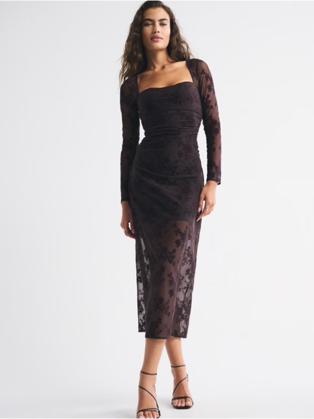 Abercrombie & Fitch Bra-Free Long-Sleeve Mesh Maxi Dress - Brown Floral - Size M